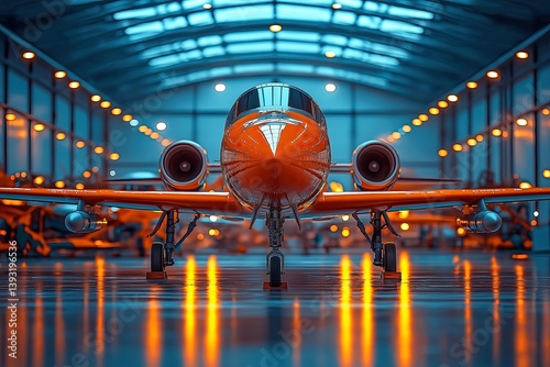Modern Orange Jet in Futuristic Glass Hangar