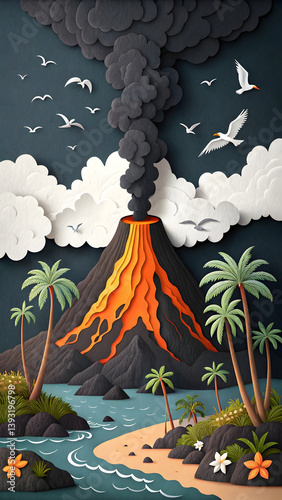  Volcanic Eruption on Tropical Island – Paper Cut-Out Style Natural Disaster Illustration photo
