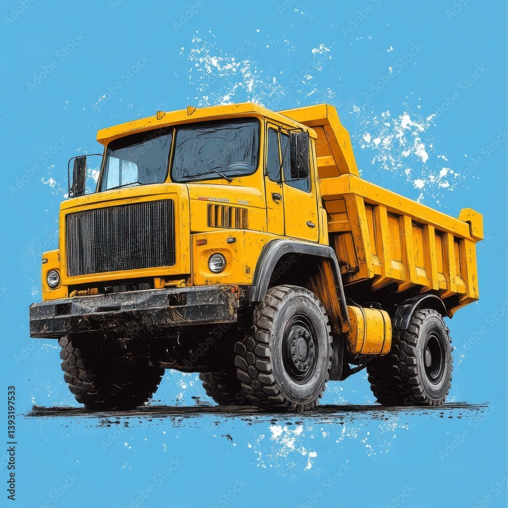 Fototapeta premium Bright yellow dump truck parked on a textured blue background showcases heavy machinery design and construction themes
