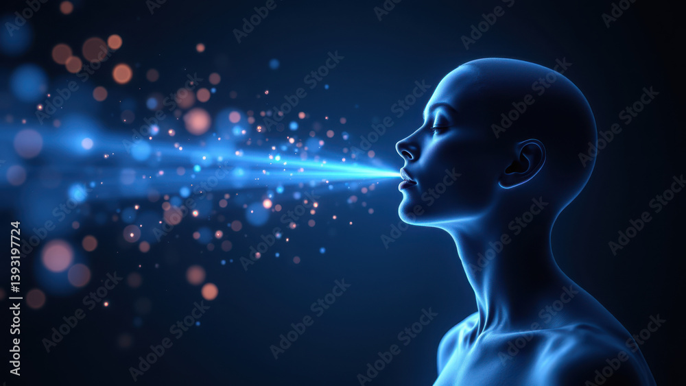 Obraz premium Vagus Nerve Stimulation Illustration with Blue Light Effects and Brain-like Character.