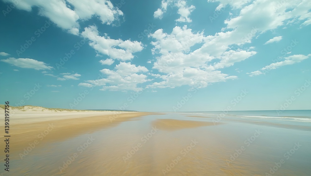 Fototapeta premium Tranquil Beach Scene Clear Blue Sky and Sandy Shore Serene Coastal Landscape for Vacation and Relaxation Backgrounds : Generative AI