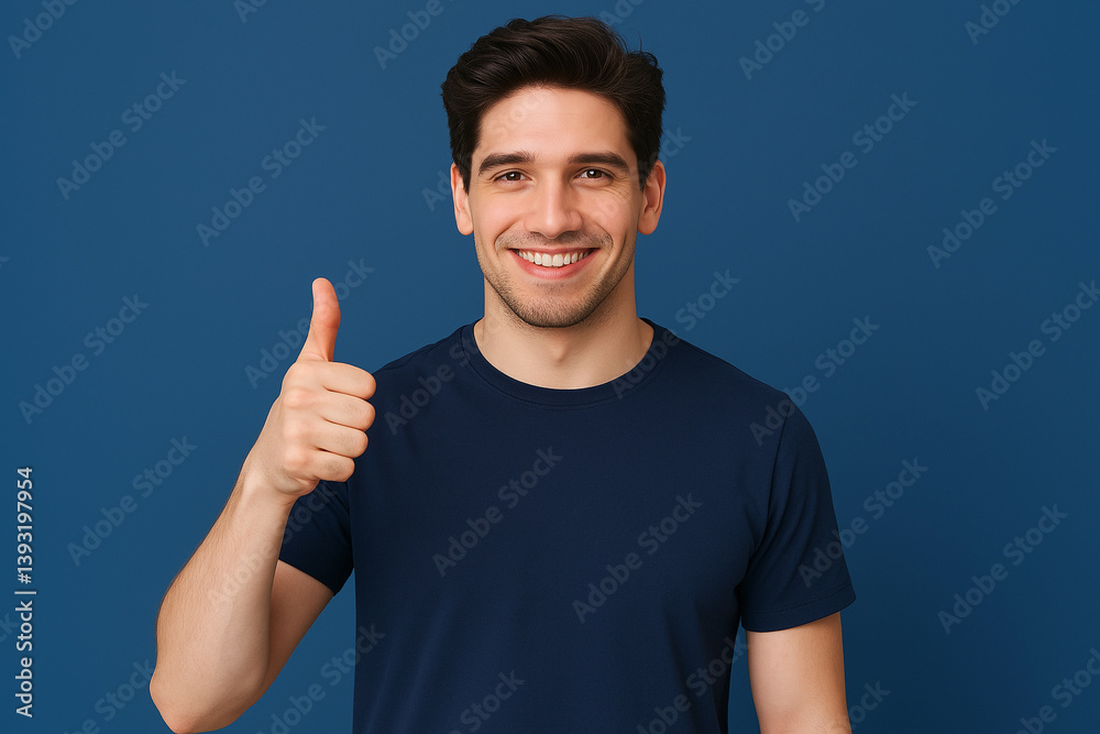 Fototapeta premium Cheerful young man in a navy blue t-shirt smiling and giving a thumbs up in front of a blue background