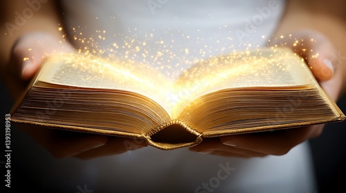 Hands holding an open book with glowing light emanating upwards