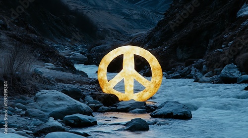 Illuminated Peace Symbol Amidst a Rushing River Scene