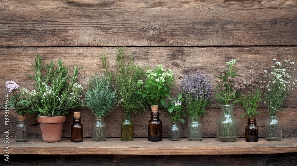 An assortment of bottles containing essential oils and fresh plants arranged on a wooden surface
