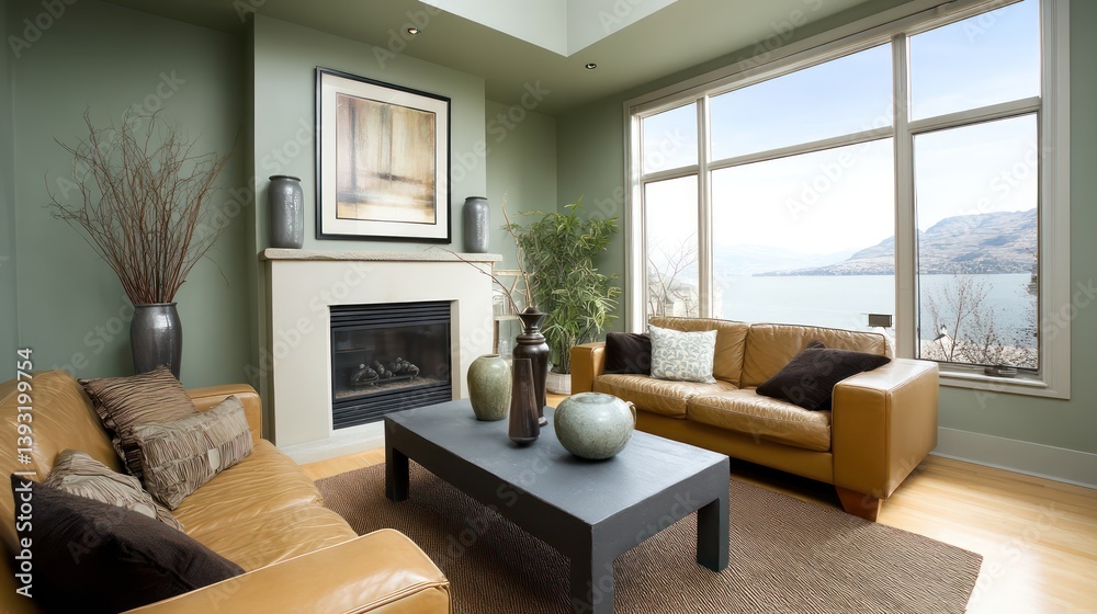 Obraz premium A contemporary living room with muted sage green walls and a simple white fireplace