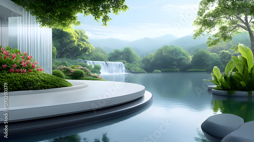 Paradise landscape with beautiful gardens, waterfalls and flowers, magical idyllic heavenly view with beautiful fantastic flowers in Eden