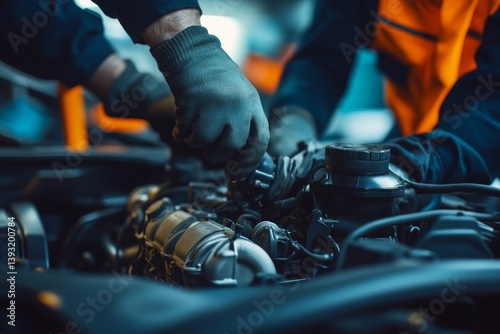 Auto mechanic working on car broken engine in mechanics service or garage