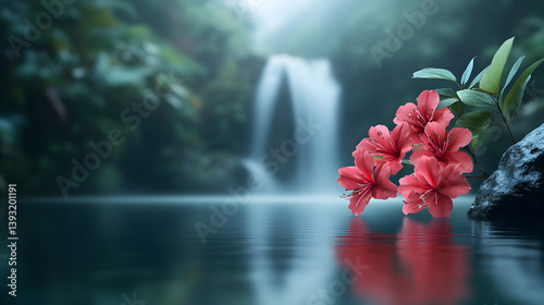 Paradise landscape with beautiful gardens, waterfalls and flowers, magical idyllic heavenly view with beautiful fantastic flowers in Eden