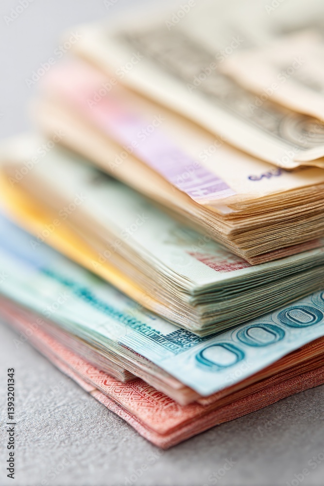 close-up of stack of various international currency notes showcasing vibrant colors and intricate designs close-up of stack of various international currency notes showcasing vibrant colors and intricate designs
