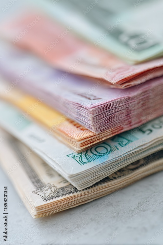 close-up of stack of various international currency notes showcasing vibrant colors and intricate designs close-up of stack of various international currency notes showcasing vibrant colors and intricate designs