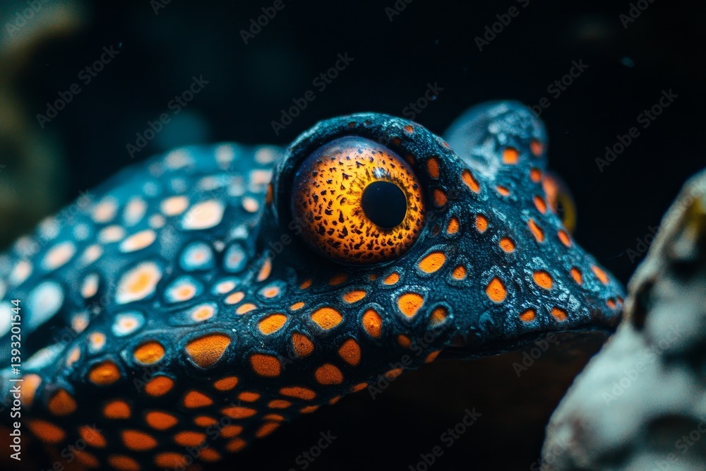 A detailed close up view of a fishs eye captured in the dark