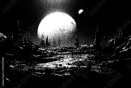 Alien planet landscape in retro dotwork style. Planets and satellites over unknown planet in space. Sci-fi world landscape beyond our galaxy.