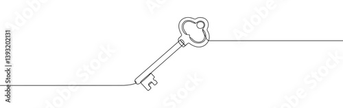 Key continuous one line drawing. Password, house key, security symbol. Vector illustration.