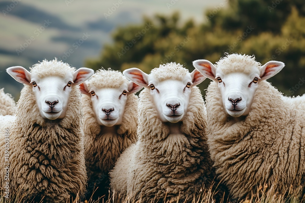 Obraz premium Close Up of Four Sheep Facing Forward Rural Farm Animals in a Pastoral Setting Countryside Livestock : Generative AI