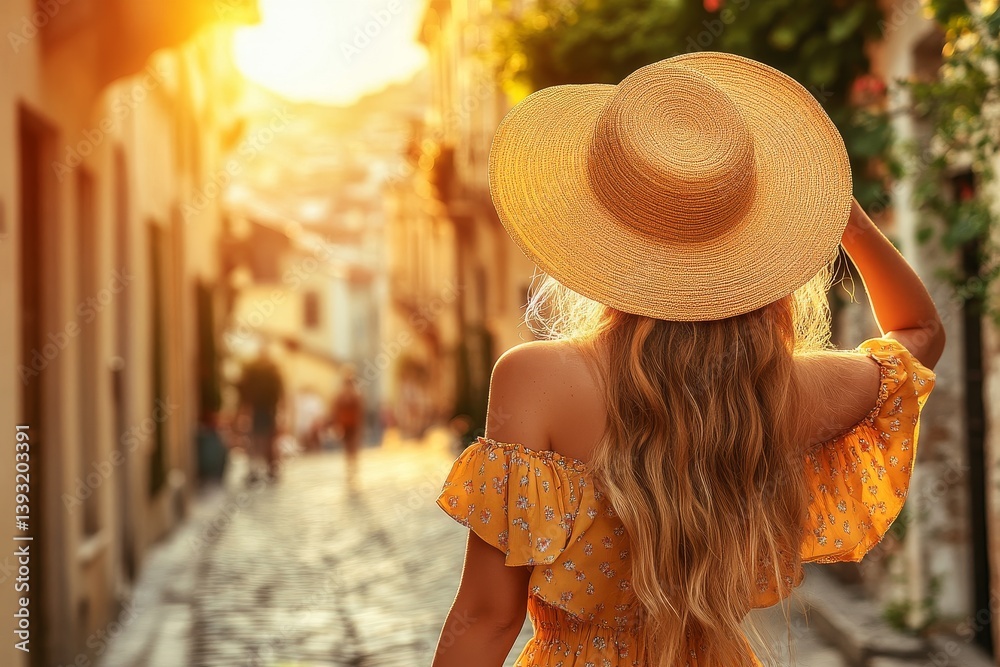Female traveler walking alone, summer casual wear, walking through europe landmark