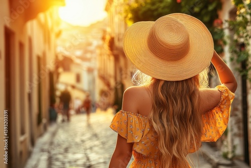 Obraz na płótnie Female traveler walking alone, summer casual wear, walking through europe landmark w salonie