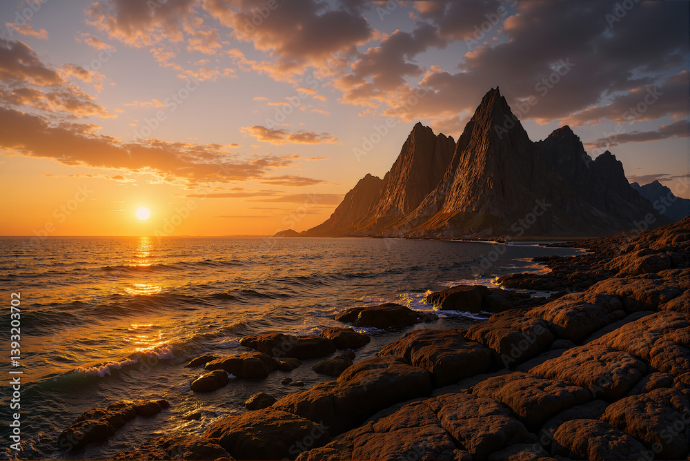Obraz premium Golden sunset over coastal cliffs and mountain