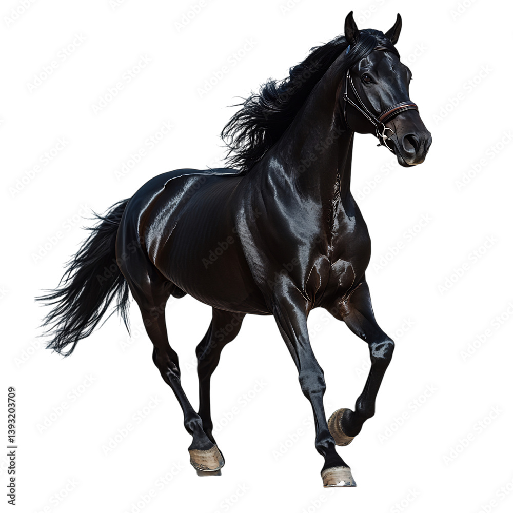 Majestic Arabian Horse Trotting With Glossy Black Coat Isolated on Transparent Background
