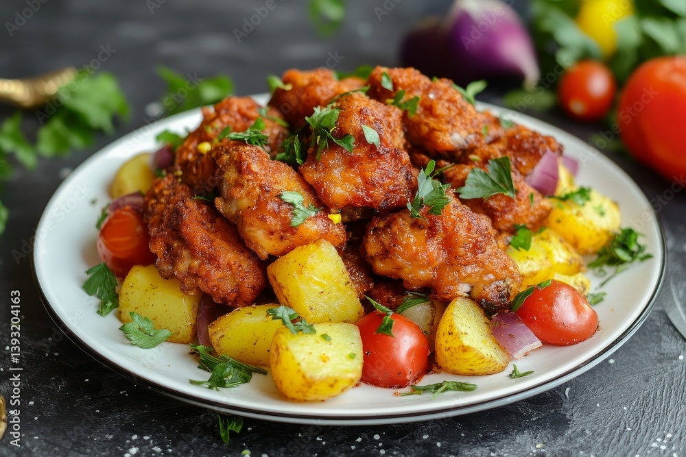 fried chicken with potatoes and vegetables