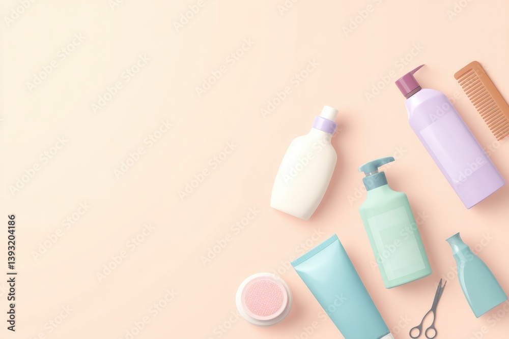 flat design illustration featuring array of professional hair care products including shampoo bottles conditioner tubes flat design illustration featuring array of professional hair care products including shampoo bottles conditioner tubes