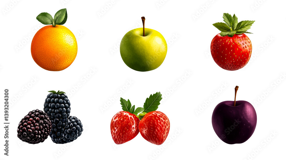 Assorted fruits in digital illustration on black background, cut out transparent Assorted fruits in digital illustration on black background, cut out transparent