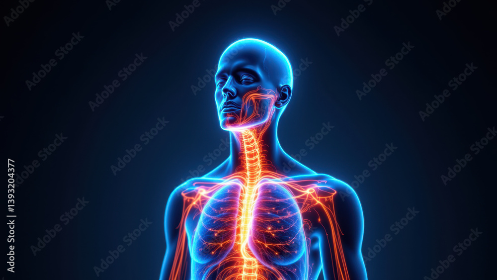 Image shows a detailed 3D anatomical model of a human torso with VNS, Vagus Nerve Stimulation highlighted. Image shows a detailed 3D anatomical model of a human torso with VNS, Vagus Nerve Stimulation highlighted.
