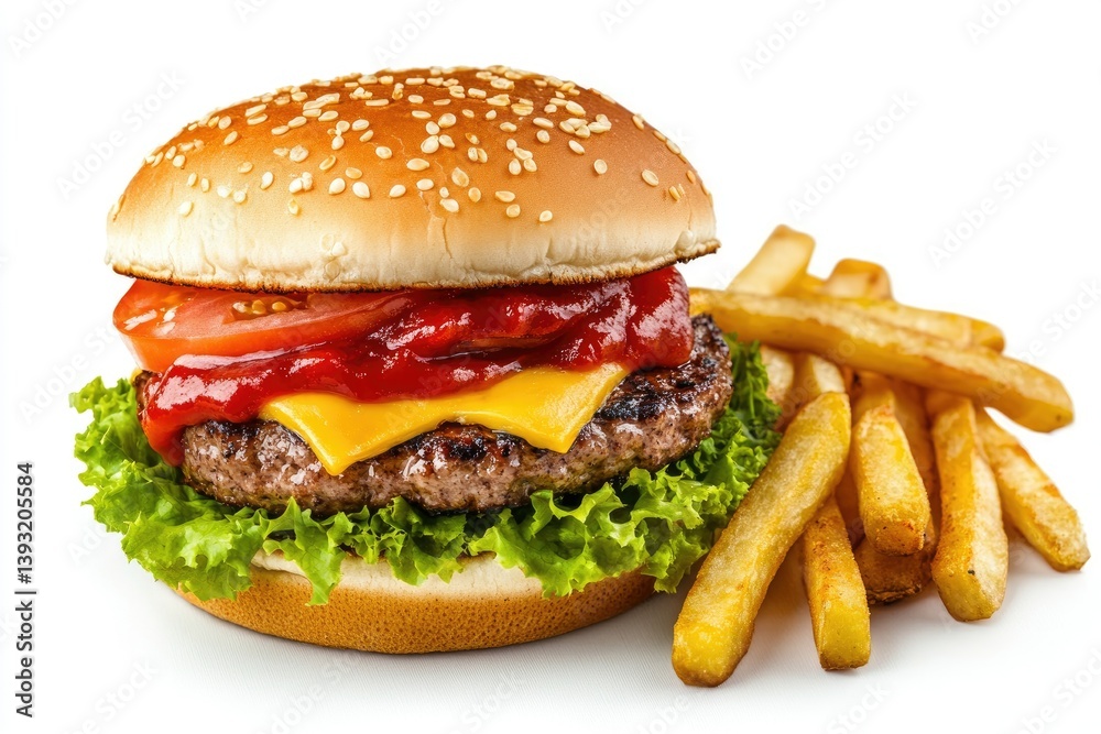 Classic Burger and Fries with Lettuce Cheese and Ketchup Isolated Classic Burger and Fries with Lettuce Cheese and Ketchup Isolated