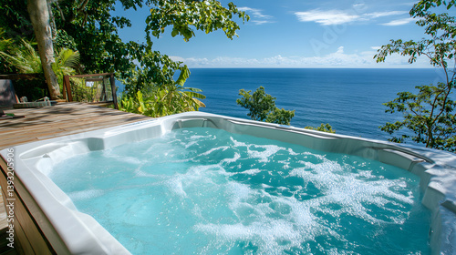 Scenic Hot Tub Retreat: Relax and rejuvenate in this inviting hot tub, offering stunning ocean views and lush tropical surroundings. A perfect escape into tranquility.
