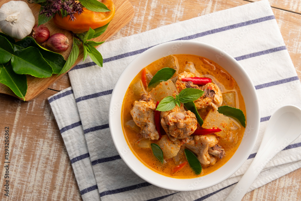 Red Curry with Winter melon and Chicken in a bowl.Thai spicy food.Top view.
