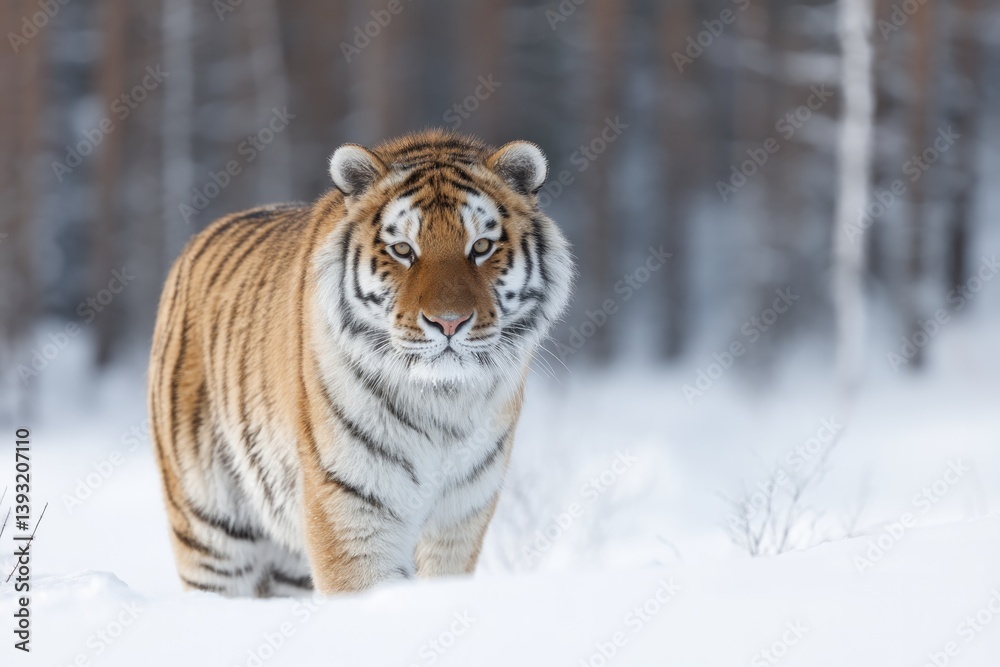 Fototapeta premium lone siberian tiger prowls snow-dusted forests of russia its piercing eyes scanning serene landscape for any sign of