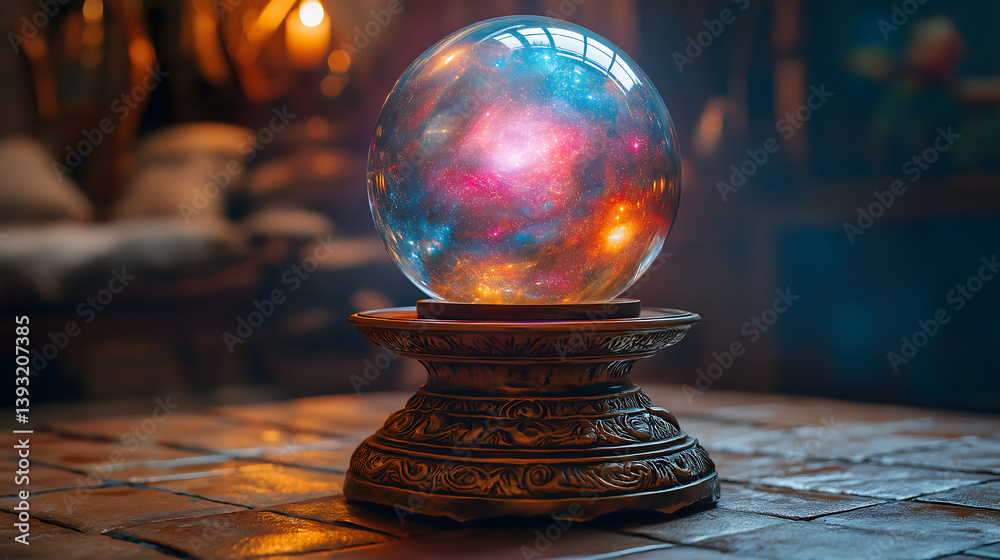 crystal ball glowing with colorful energy sits on ornate stand, casting mystical aura in dimly lit room. vibrant hues within sphere create sense of wonder and magic crystal ball glowing with colorful energy sits on ornate stand, casting mystical aura in dimly lit room. vibrant hues within sphere create sense of wonder and magic
