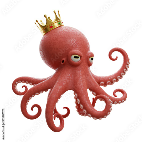Cartoon Octopus King with a Crown, Isolated on Transparent Background photo