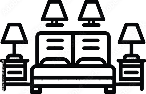 Black and White Vector PNG Illustration of a Bedroom Setup, Including a Bed with Pillows, a Headboard, Two Nightstands on Either Side, and Lamps Positioned on Each Nightstand and the Headb