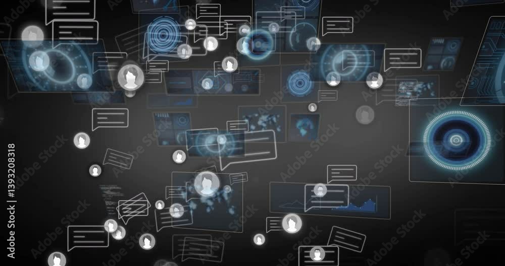 Animation of digital communication icons with data charts over dark background Animation of digital communication icons with data charts over dark background
