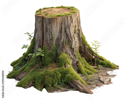 Tree stump covered in lush green moss and surrounded by small plants symbolizing decay and regeneration in a forest ecosystem. png 