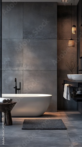Contemporary bathroom design features a sleek modern freestanding bathtub setup