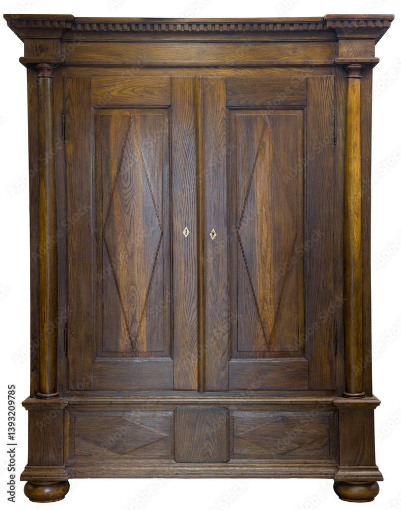 Intricately crafted 18th century oak wardrobe featuring sturdy columns, showcasing vintage woodworking skills