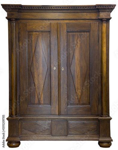Obraz na płótnie Intricately crafted 18th century oak wardrobe featuring sturdy columns, showcasing vintage woodworking skills w salonie
