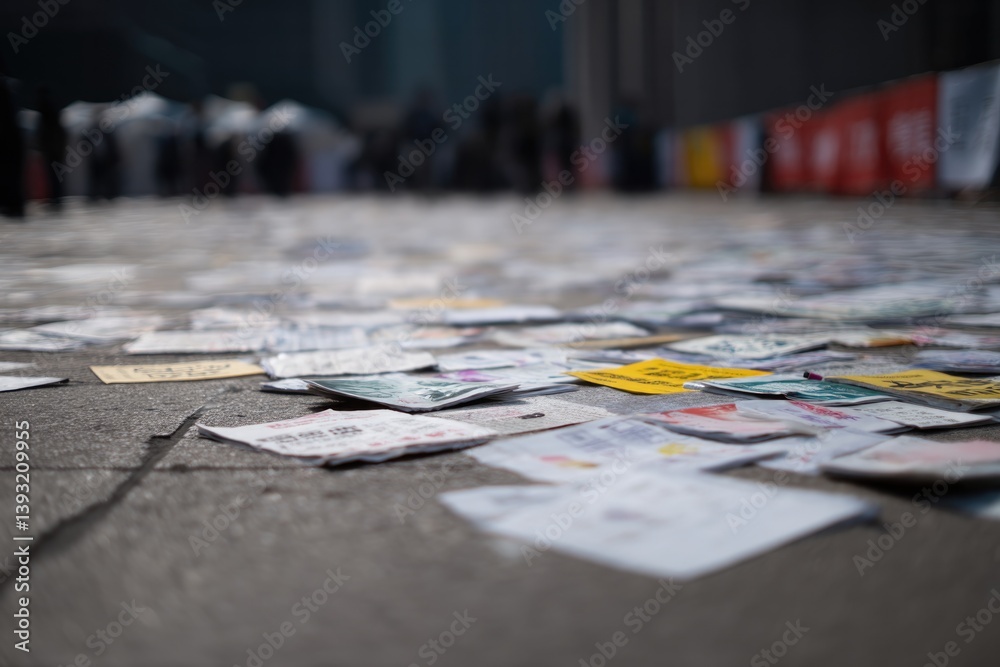 Naklejka premium powerful photograph of empty protest square littered with scattered placards and banners dramatically capturing silence