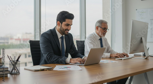 Focused young businessman collaborating with his senior colleague on a laptop and desktop in a modern office with bright natural light.