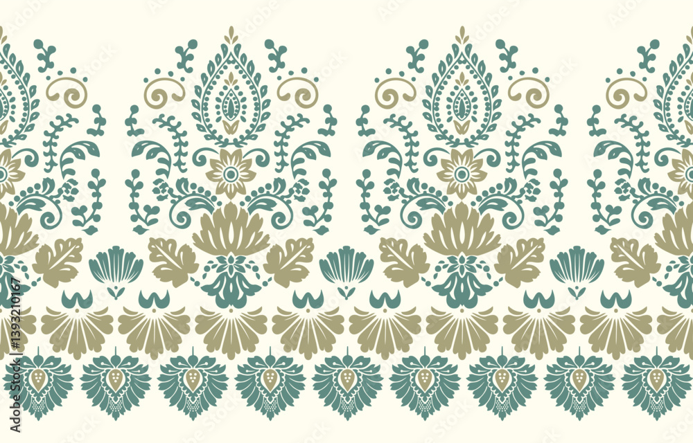 floral pattern vintage ethnic modern embroidery texture boho design vector illustration hand drawn pink flower motif branches leaves wallpaper seamless background border.