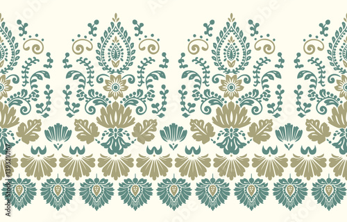 floral pattern vintage ethnic modern embroidery texture boho design vector illustration hand drawn pink flower motif branches leaves wallpaper seamless background border.