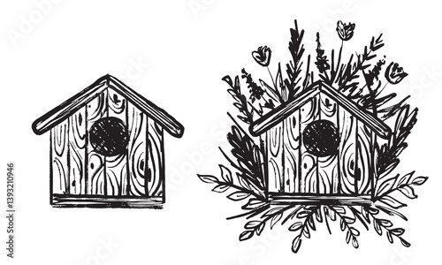 Wooden bird house feeder with flowers in black brush stroke texture isolated on white. Hand drawn vector sketch illustration in vintage charcoal ink. Nature concept, help animals, wood craft design