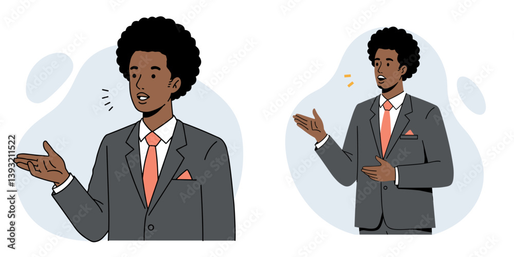 Confident black manager with lush hair speaking in a professional setting in minimalist flat vector design style Confident black manager with lush hair speaking in a professional setting in minimalist flat vector design style