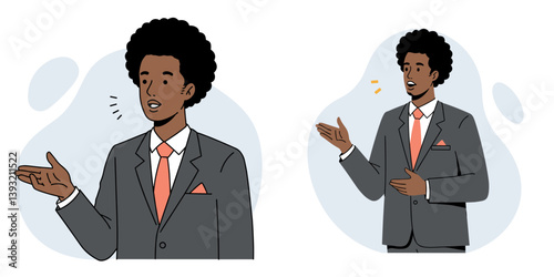 Confident black manager with lush hair speaking in a professional setting in minimalist flat vector design style