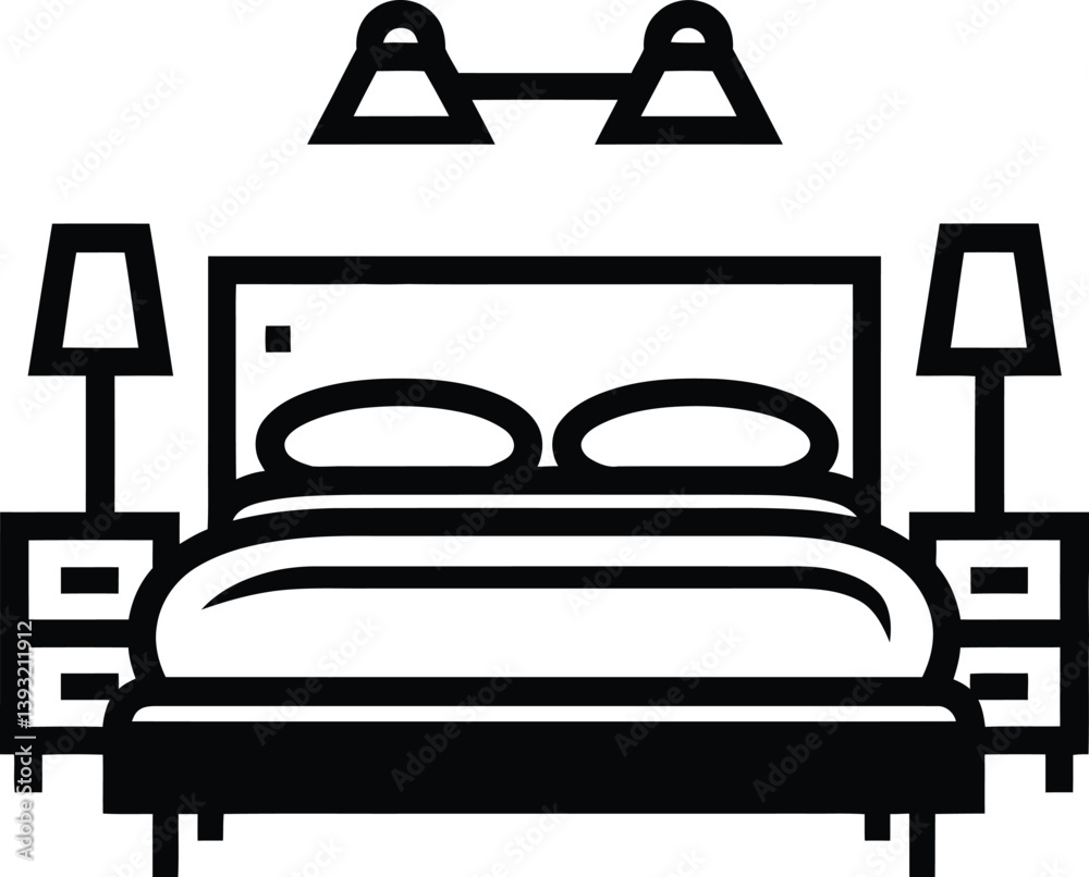 Black and White Line Drawing of a Modern Bedroom, Including a Bed with Headboard, Two Nightstands, and a Light Fixture Above. Black and White Line Drawing of a Modern Bedroom, Including a Bed with Headboard, Two Nightstands, and a Light Fixture Above.