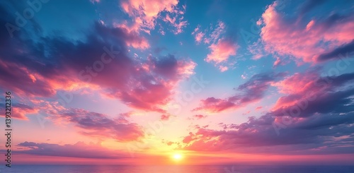 Vibrant Sunrise Over Ocean Breathtaking Seascape with Pink Clouds and Golden Light for Inspirational Backgrounds and Wall Art : Generative AI