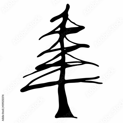 Black pine tree silhouette with artistic lines  