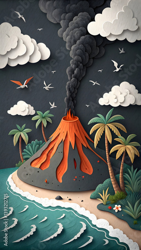 Explosive Volcano on Island Coastline – Paper Cut-Out Style Nature Disaster Vector Illustration